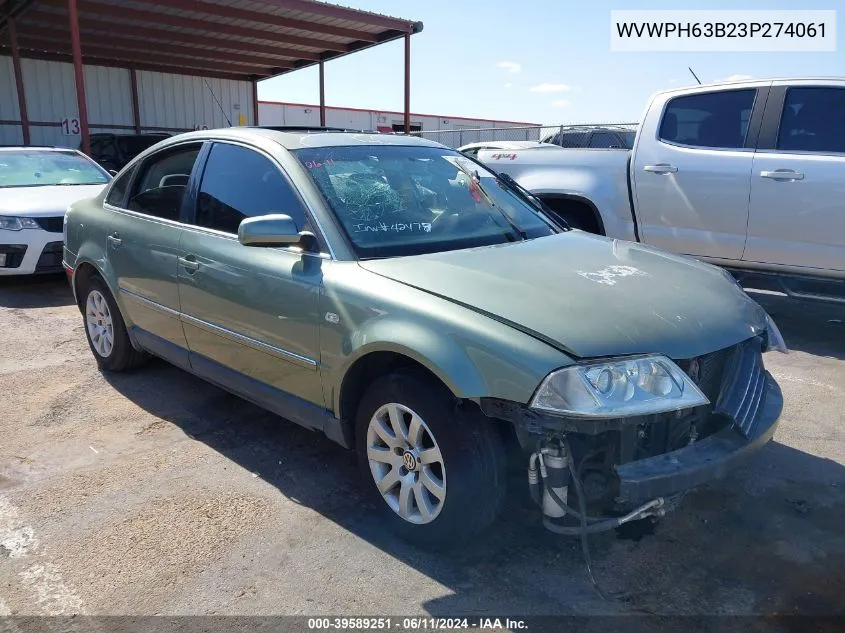 2003 Volkswagen Passat Gls V6 VIN: WVWPH63B23P274061 Lot: 39589251