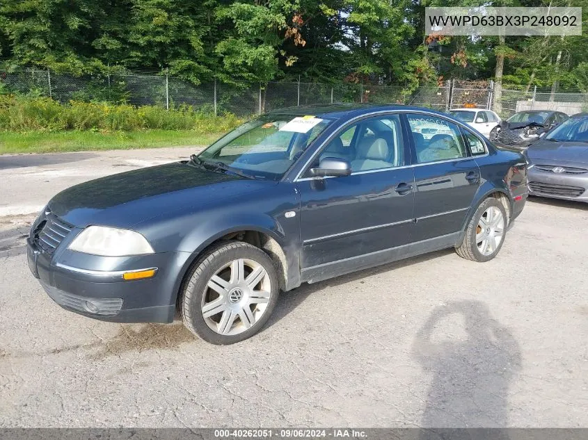 2003 Volkswagen Passat Gls VIN: WVWPD63BX3P248092 Lot: 40262051