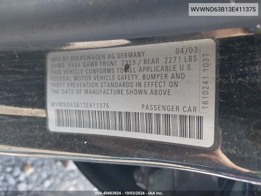 WVWND63B13E411375 2003 Volkswagen Passat Gl