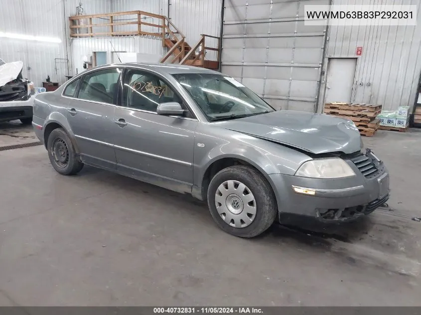 2003 Volkswagen Passat Gl VIN: WVWMD63B83P292031 Lot: 40732831