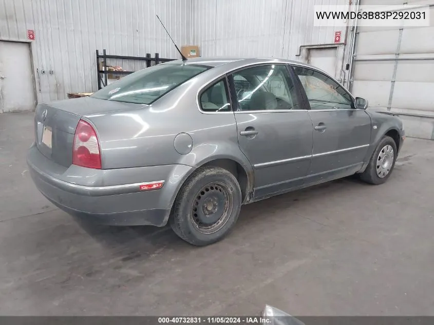 2003 Volkswagen Passat Gl VIN: WVWMD63B83P292031 Lot: 40732831