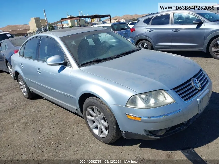 2004 Volkswagen Passat Gls VIN: WVWPD63B64P252058 Lot: 40092757