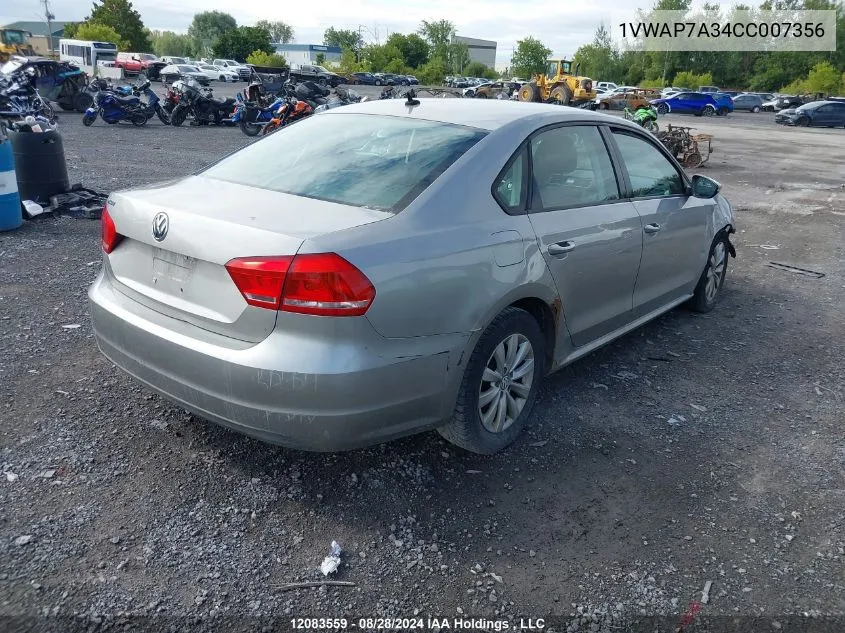 2012 Volkswagen Passat 2.5L S VIN: 1VWAP7A34CC007356 Lot: 12083559