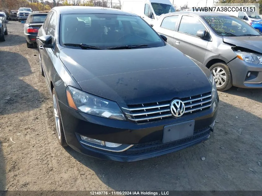 2012 Volkswagen Passat Se VIN: 1VWBN7A38CC045151 Lot: 12149776