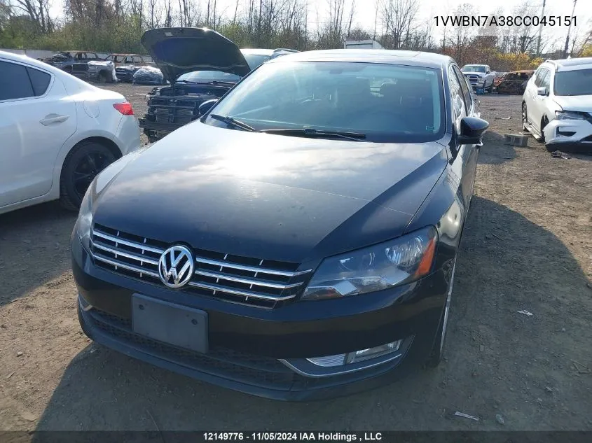 2012 Volkswagen Passat Se VIN: 1VWBN7A38CC045151 Lot: 12149776