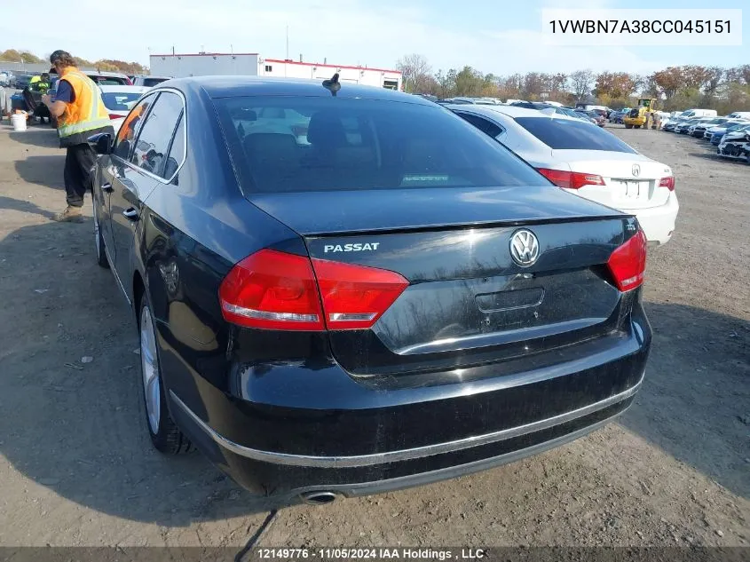 2012 Volkswagen Passat Se VIN: 1VWBN7A38CC045151 Lot: 12149776