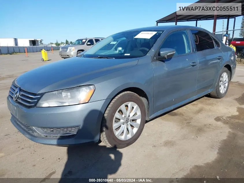 2012 Volkswagen Passat 2.5L S VIN: 1VWAP7A3XCC055511 Lot: 39310640