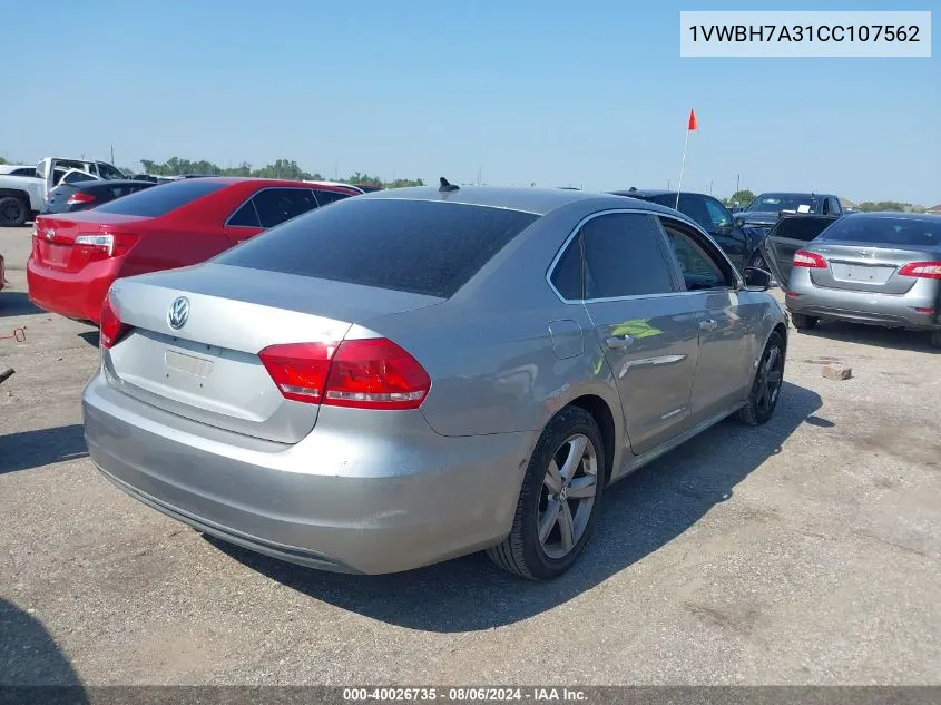 2012 Volkswagen Passat 2.5L Se VIN: 1VWBH7A31CC107562 Lot: 40026735