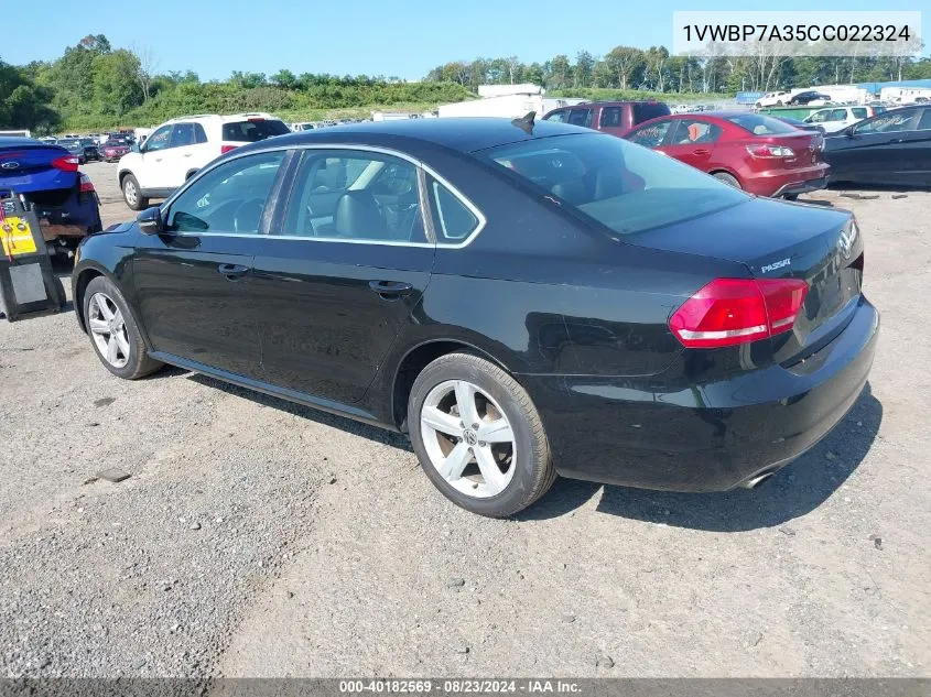 2012 Volkswagen Passat 2.5L Se VIN: 1VWBP7A35CC022324 Lot: 40182569