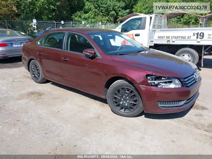 2012 Volkswagen Passat 2.5L S VIN: 1VWAP7A30CC024378 Lot: 40208673