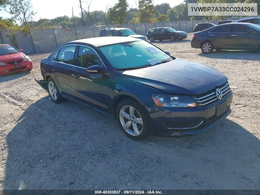 2012 Volkswagen Passat Se VIN: 1VWBP7A33CC024296 Lot: 40303837