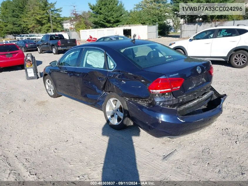 2012 Volkswagen Passat Se VIN: 1VWBP7A33CC024296 Lot: 40303837