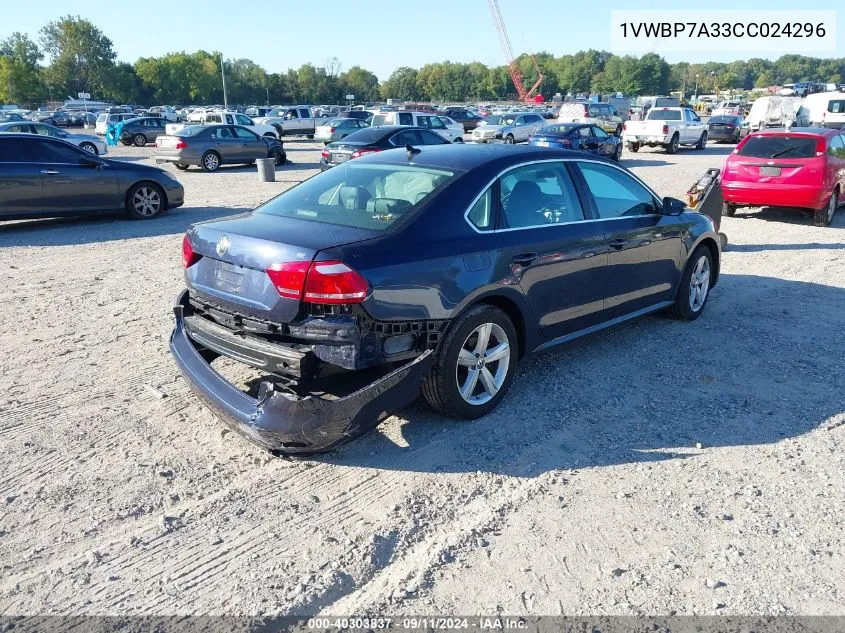 2012 Volkswagen Passat Se VIN: 1VWBP7A33CC024296 Lot: 40303837