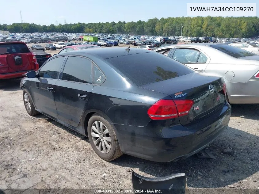 2012 Volkswagen Passat 2.5L S VIN: 1VWAH7A34CC109270 Lot: 40312382