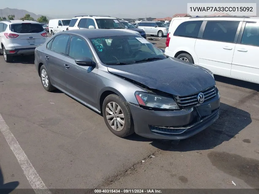 2012 Volkswagen Passat S VIN: 1VWAP7A33CC015092 Lot: 40315434