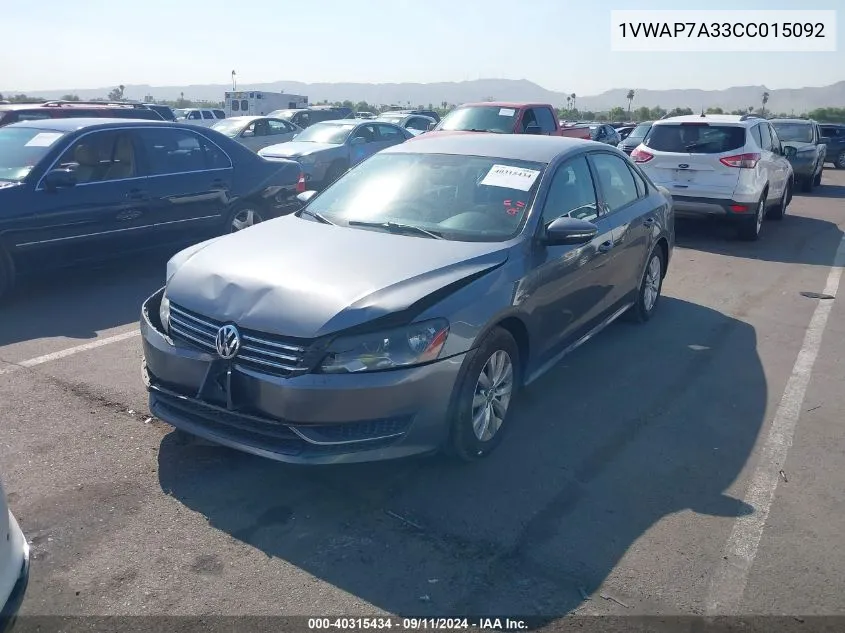 2012 Volkswagen Passat S VIN: 1VWAP7A33CC015092 Lot: 40315434