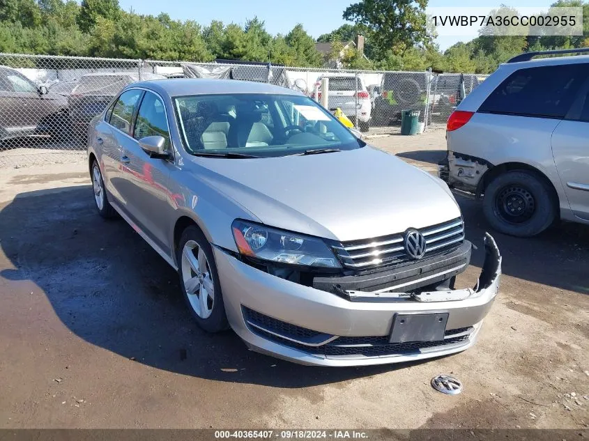 2012 Volkswagen Passat 2.5L Se VIN: 1VWBP7A36CC002955 Lot: 40365407