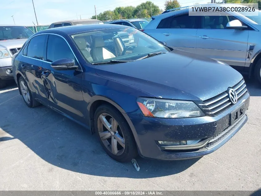 2012 Volkswagen Passat 2.5L Se VIN: 1VWBP7A38CC028926 Lot: 40386666