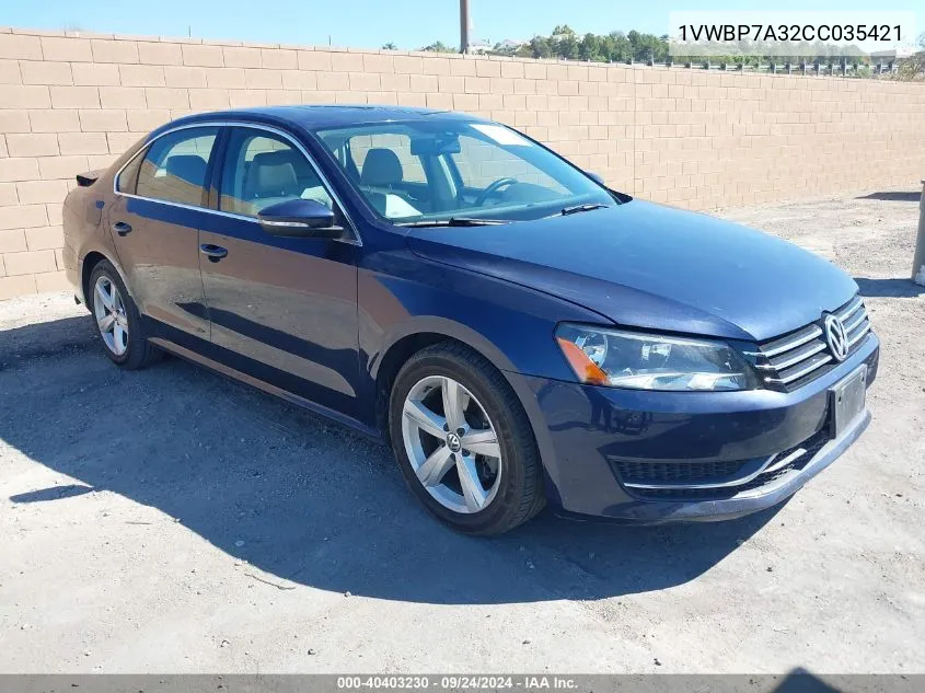 2012 Volkswagen Passat 2.5L Se VIN: 1VWBP7A32CC035421 Lot: 40403230