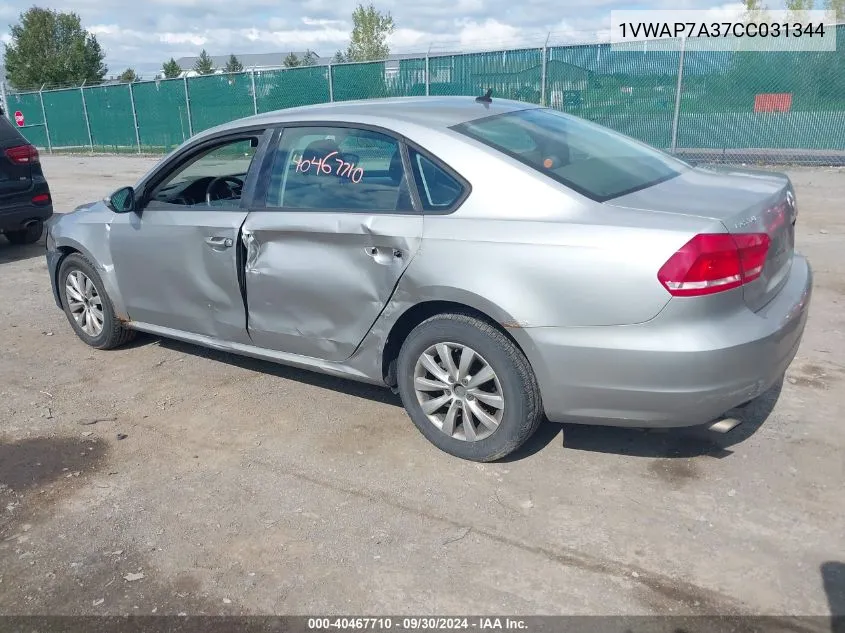 2012 Volkswagen Passat S VIN: 1VWAP7A37CC031344 Lot: 40467710