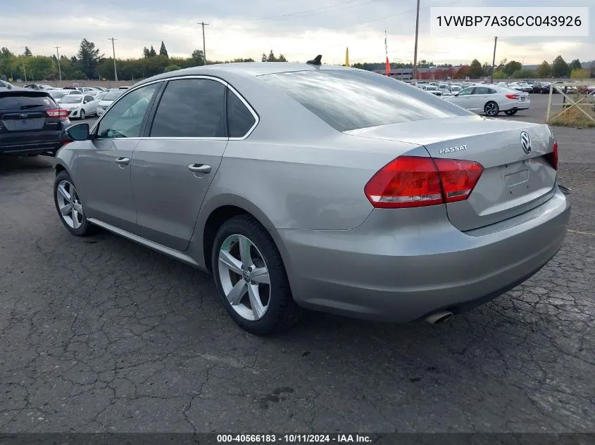 2012 Volkswagen Passat 2.5L Se VIN: 1VWBP7A36CC043926 Lot: 40566183