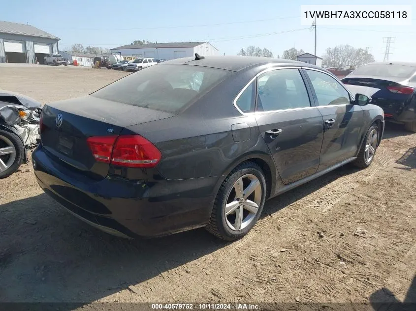 2012 Volkswagen Passat 2.5L Se VIN: 1VWBH7A3XCC058118 Lot: 40579752