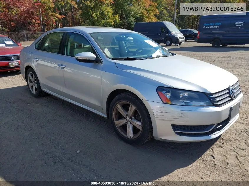 2012 Volkswagen Passat 2.5L Se VIN: 1VWBP7A32CC015346 Lot: 40593030