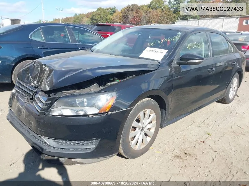 2012 Volkswagen Passat 2.5L S VIN: 1VWAP7A38CC027433 Lot: 40708669