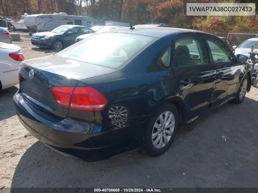 2012 Volkswagen Passat 2.5L S VIN: 1VWAP7A38CC027433 Lot: 40708669