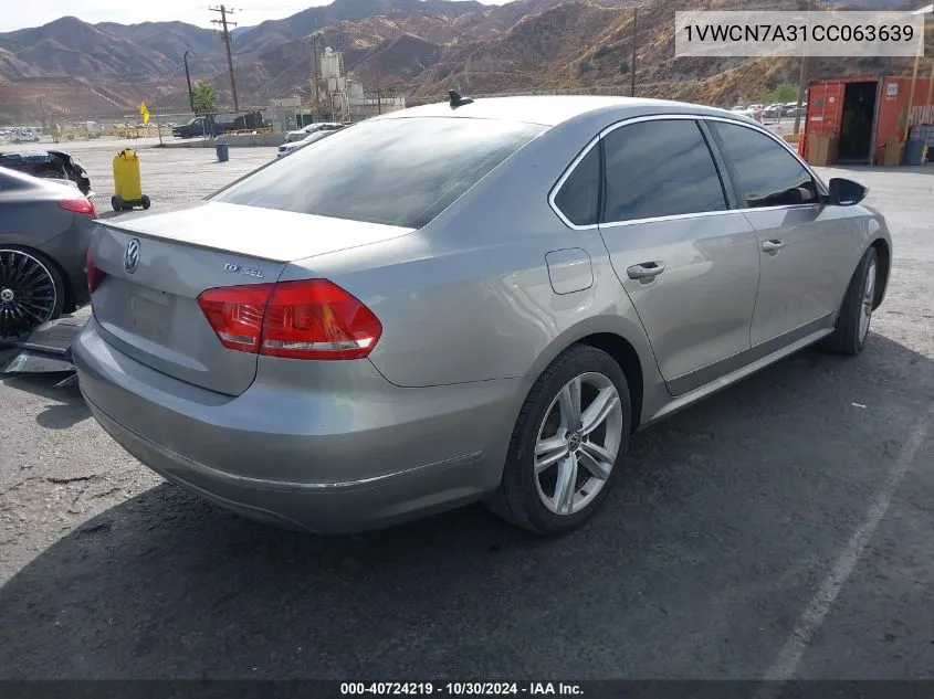 2012 Volkswagen Passat 2.0L Tdi Sel Premium VIN: 1VWCN7A31CC063639 Lot: 40724219