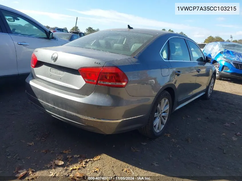 2012 Volkswagen Passat 2.5L Sel Premium VIN: 1VWCP7A35CC103215 Lot: 40740717