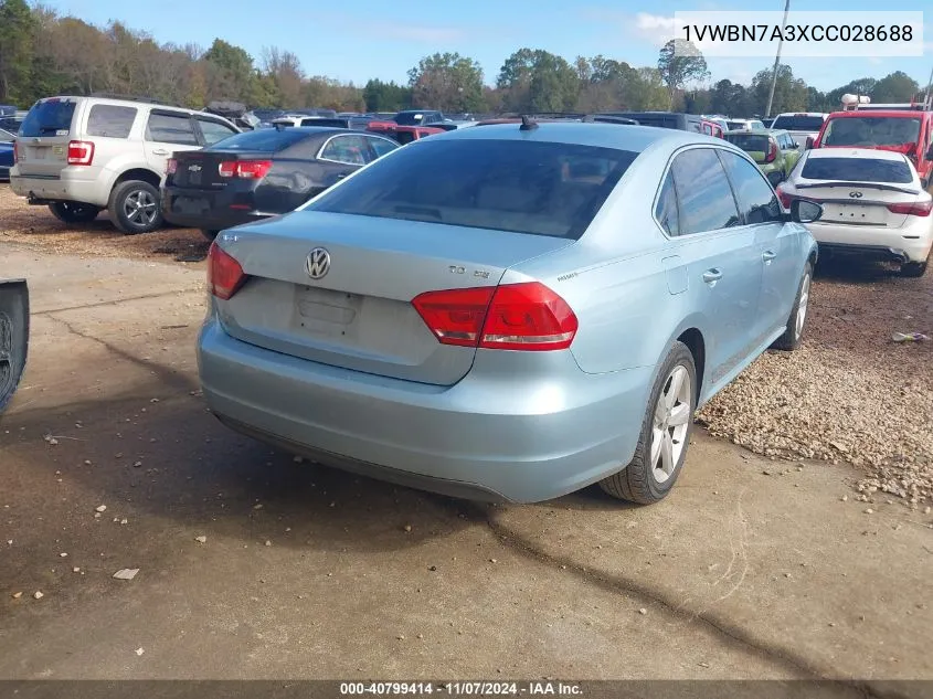 2012 Volkswagen Passat 2.0L Tdi Se VIN: 1VWBN7A3XCC028688 Lot: 40799414