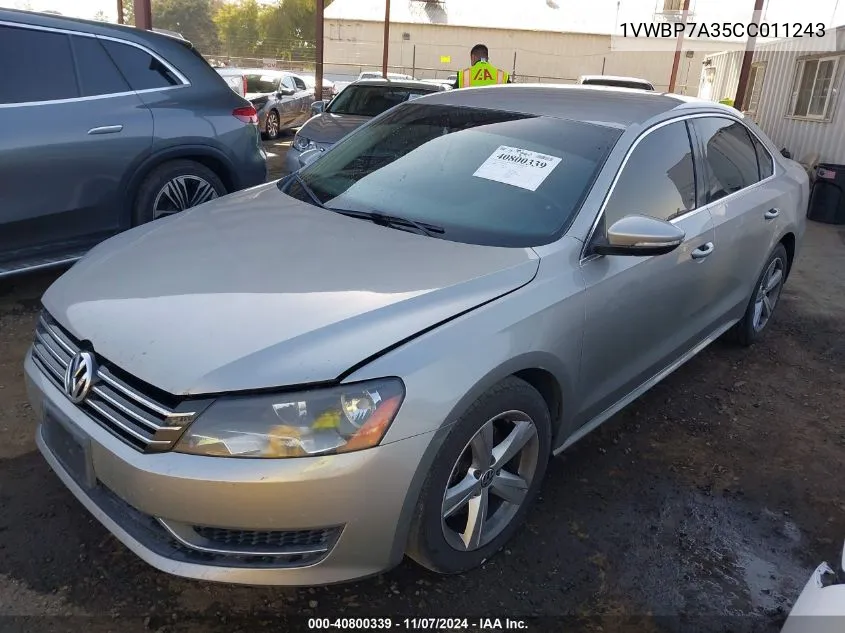 2012 Volkswagen Passat 2.5L Se VIN: 1VWBP7A35CC011243 Lot: 40800339