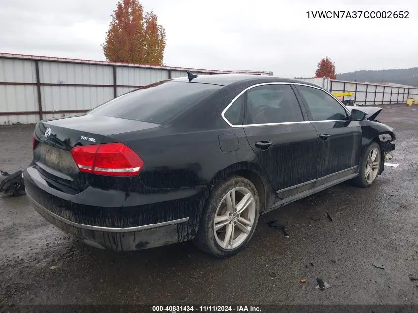 2012 Volkswagen Passat 2.0L Tdi Sel Premium VIN: 1VWCN7A37CC002652 Lot: 40831434