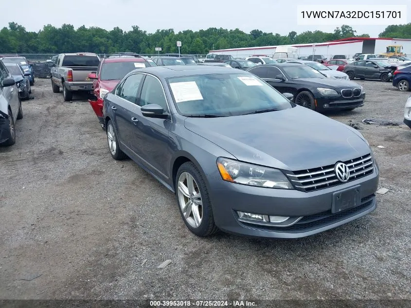 2013 Volkswagen Passat 2.0L Tdi Sel Premium VIN: 1VWCN7A32DC151701 Lot: 39953018