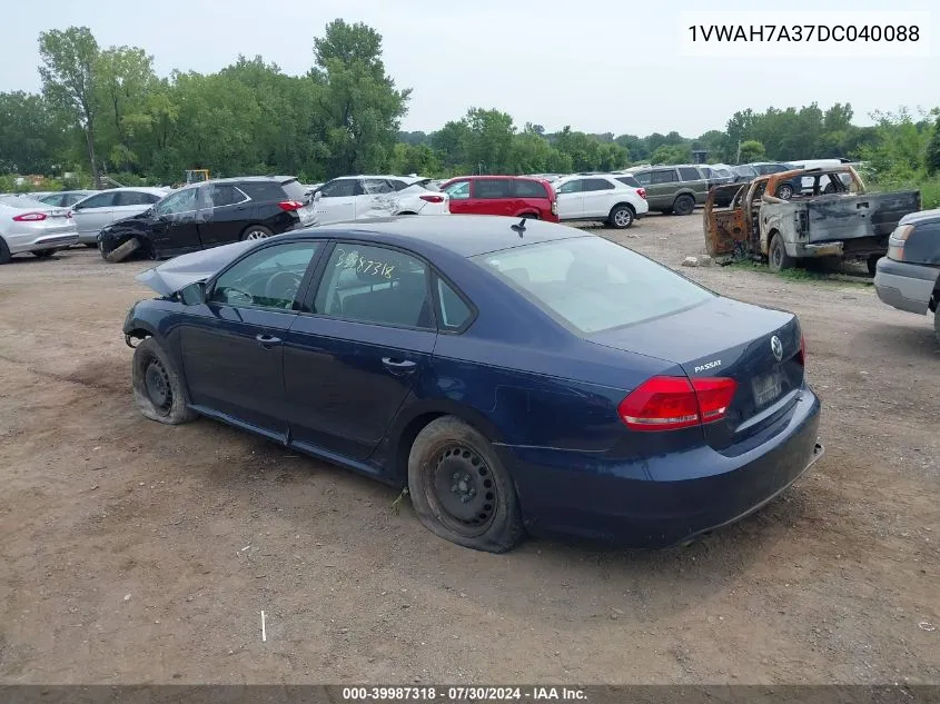 1VWAH7A37DC040088 2013 Volkswagen Passat 2.5L S