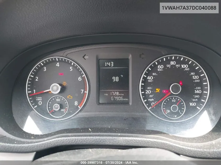 1VWAH7A37DC040088 2013 Volkswagen Passat 2.5L S