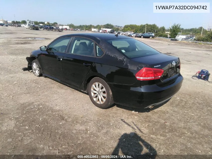 2013 Volkswagen Passat 2.5L S VIN: 1VWAP7A32DC094742 Lot: 40022953