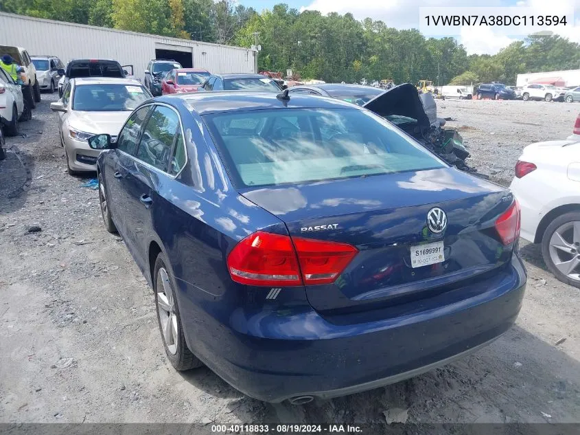 2013 Volkswagen Passat 2.0L Tdi Se VIN: 1VWBN7A38DC113594 Lot: 40118833