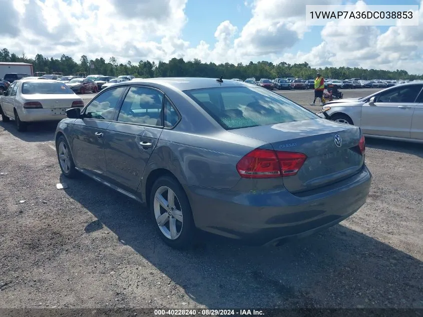 2013 Volkswagen Passat 2.5L S VIN: 1VWAP7A36DC038853 Lot: 40228240