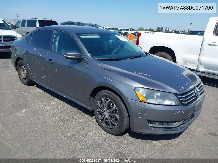 1VWAP7A33DC071700 2013 Volkswagen Passat 2.5L S