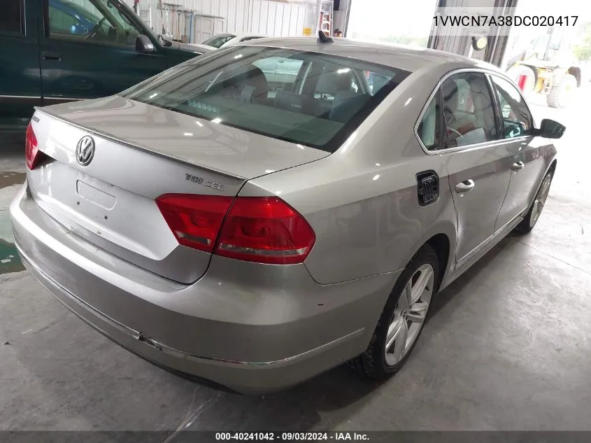 2013 Volkswagen Passat 2.0L Tdi Sel Premium VIN: 1VWCN7A38DC020417 Lot: 40241042