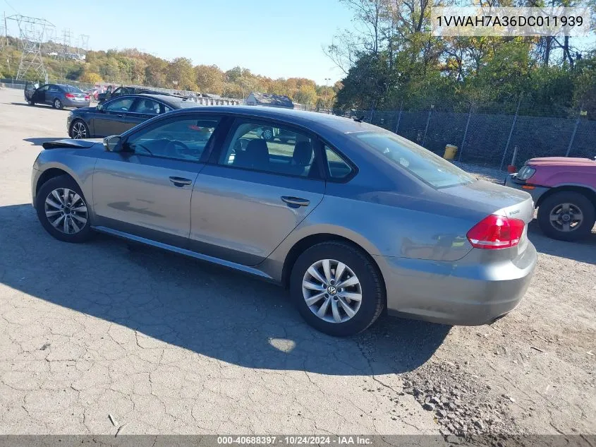 2013 Volkswagen Passat 2.5L S VIN: 1VWAH7A36DC011939 Lot: 40688397