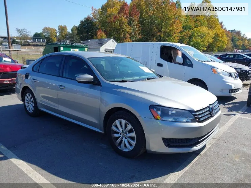 2013 Volkswagen Passat 2.5L Wolfsburg Edition VIN: 1VWAH7A35DC147981 Lot: 40691165