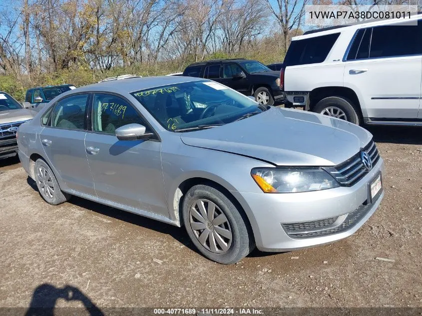 2013 Volkswagen Passat 2.5L S VIN: 1VWAP7A38DC081011 Lot: 40771689