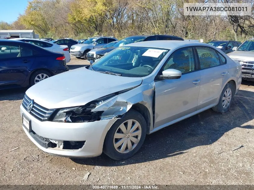 2013 Volkswagen Passat 2.5L S VIN: 1VWAP7A38DC081011 Lot: 40771689