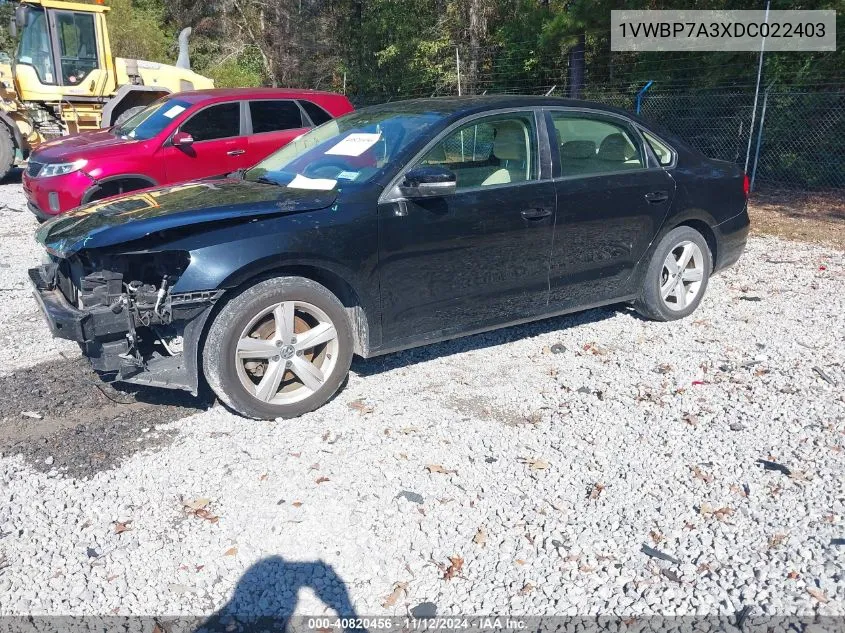 2013 Volkswagen Passat Se W/Sunroof VIN: 1VWBP7A3XDC022403 Lot: 40820456