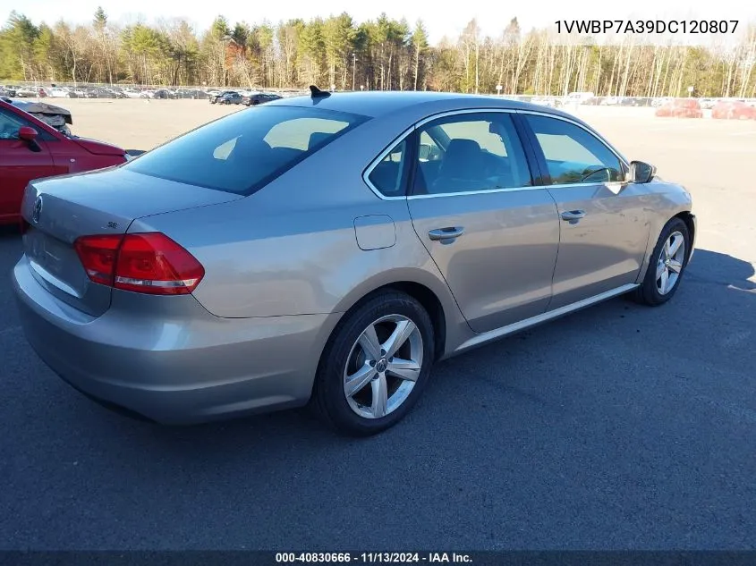 2013 Volkswagen Passat Se W/Sunroof VIN: 1VWBP7A39DC120807 Lot: 40830666