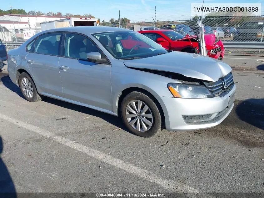 1VWAH7A30DC001388 2013 Volkswagen Passat 2.5L S