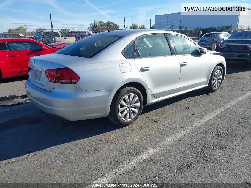 1VWAH7A30DC001388 2013 Volkswagen Passat 2.5L S